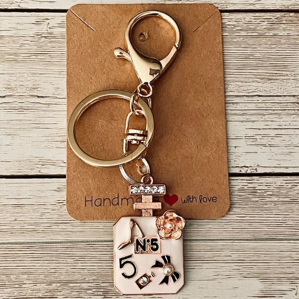 Fine Perfume bottle Gold White Bling Metallic Lobster clasp Keyholder Keychain k